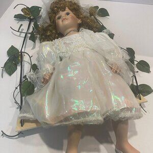 PORCELAIN DOLL~CADAY Collection with swing Strawberry Blond 19" Good Condition